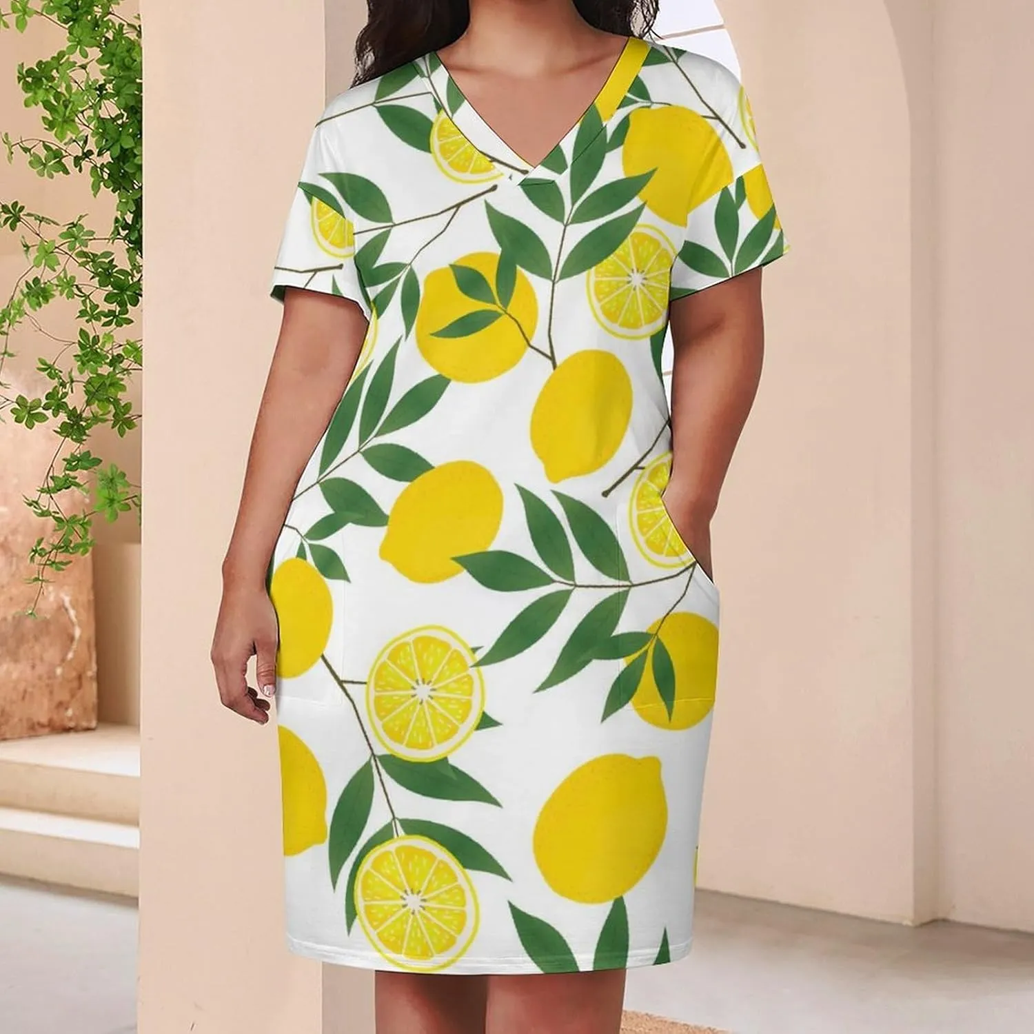 Casual Summer Comfy Dress for Women, Loose V Neck T Shirt Dress, Beach Short Sleeve Midi Dress with Pocket (S-5XL)