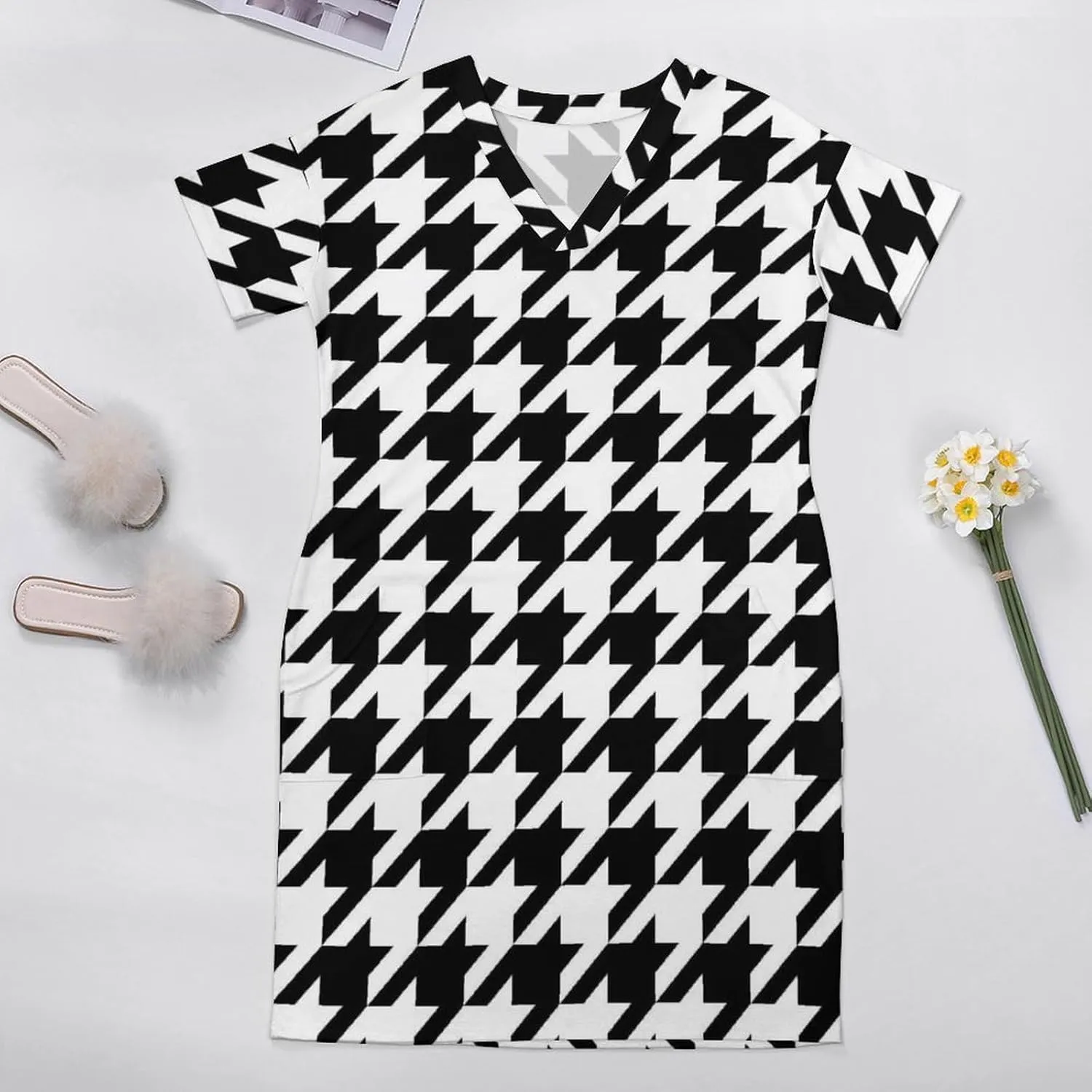 Casual Summer Comfy Dress for Women, Loose V Neck T Shirt Dress, Beach Short Sleeve Midi Dress with Pocket (S-5XL)