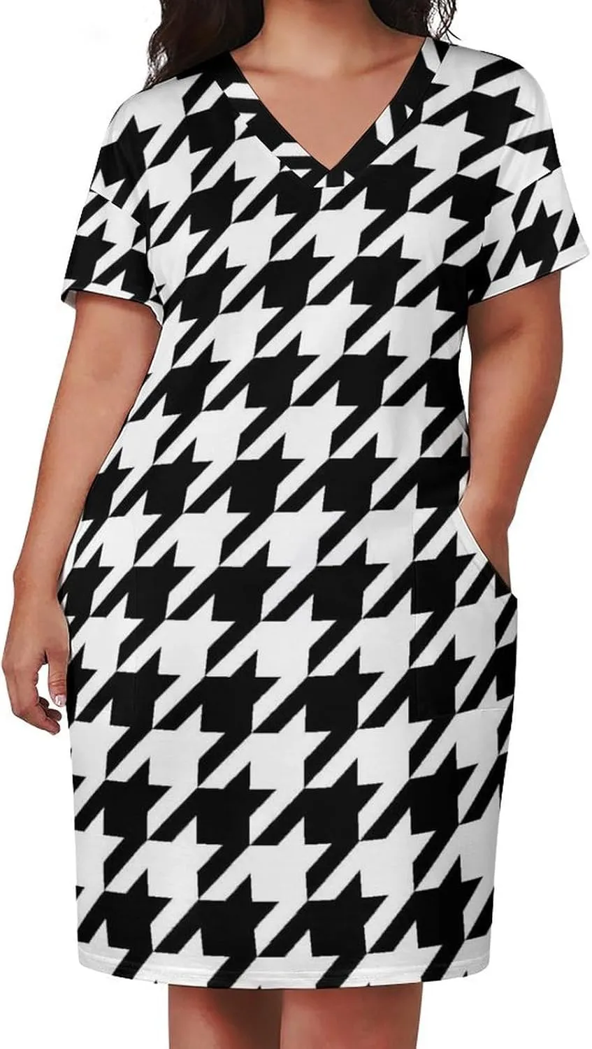 Casual Summer Comfy Dress for Women, Loose V Neck T Shirt Dress, Beach Short Sleeve Midi Dress with Pocket (S-5XL)