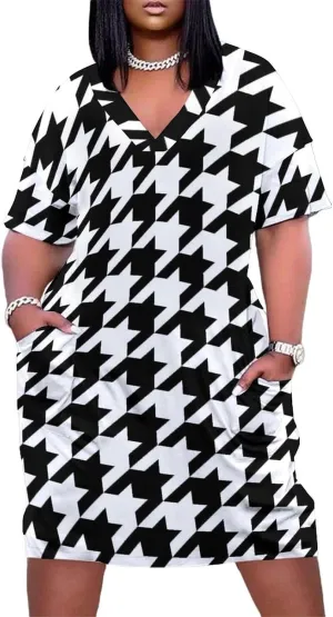 Casual Summer Comfy Dress for Women, Loose V Neck T Shirt Dress, Beach Short Sleeve Midi Dress with Pocket (S-5XL)