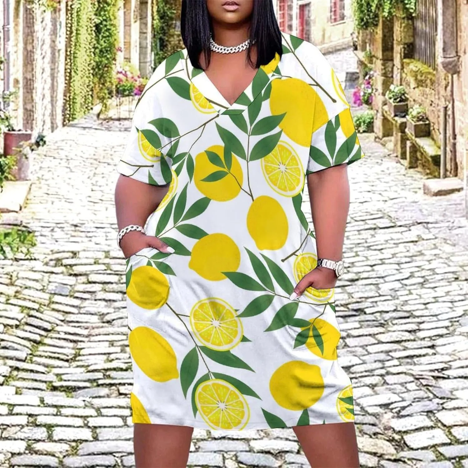 Casual Summer Comfy Dress for Women, Loose V Neck T Shirt Dress, Beach Short Sleeve Midi Dress with Pocket (S-5XL)