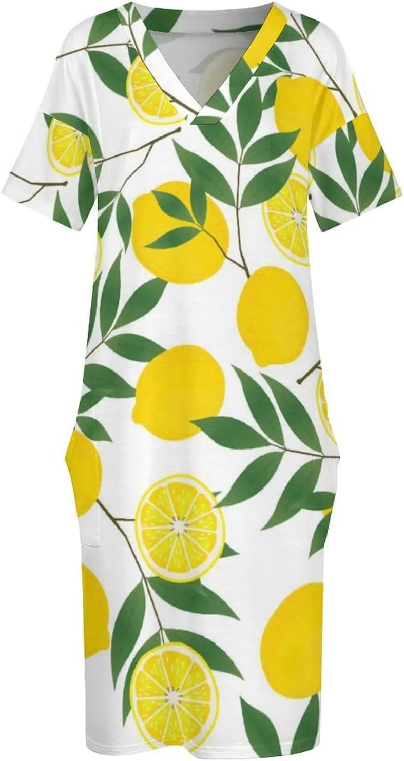Casual Summer Comfy Dress for Women, Loose V Neck T Shirt Dress, Beach Short Sleeve Midi Dress with Pocket (S-5XL)