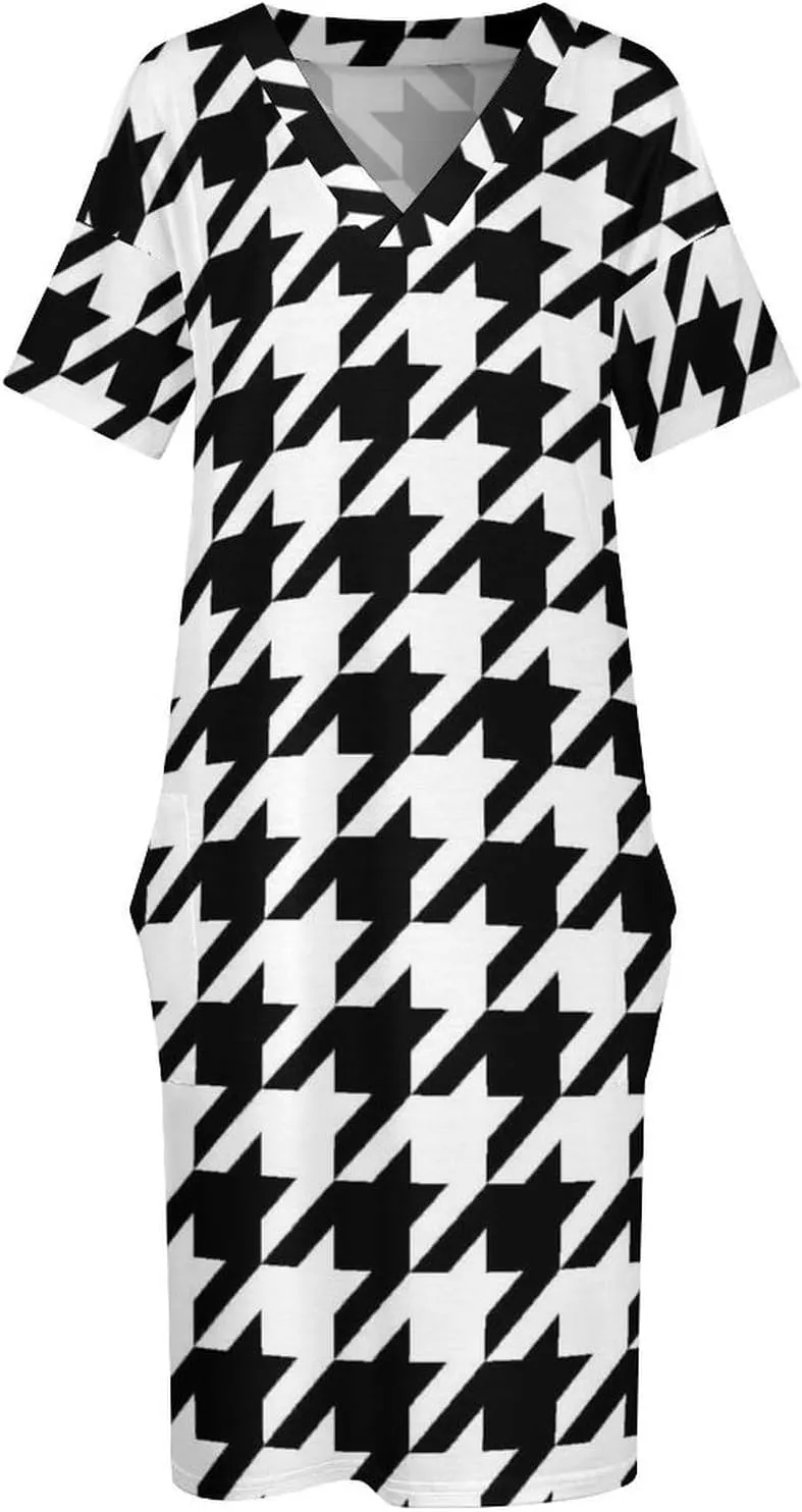 Casual Summer Comfy Dress for Women, Loose V Neck T Shirt Dress, Beach Short Sleeve Midi Dress with Pocket (S-5XL)