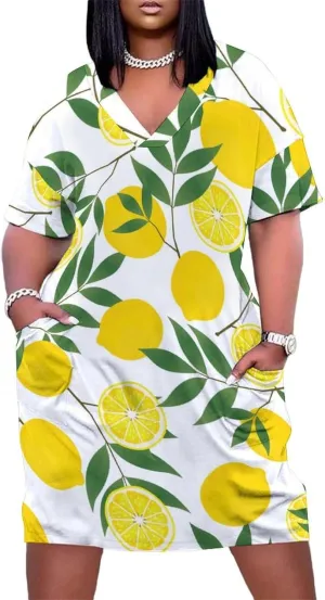 Casual Summer Comfy Dress for Women, Loose V Neck T Shirt Dress, Beach Short Sleeve Midi Dress with Pocket (S-5XL)