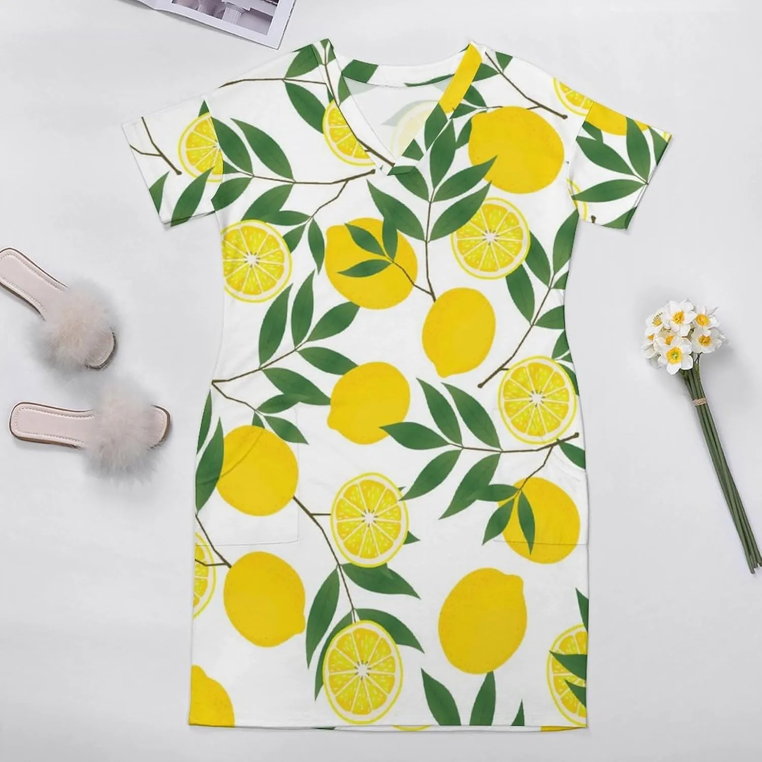 Casual Summer Comfy Dress for Women, Loose V Neck T Shirt Dress, Beach Short Sleeve Midi Dress with Pocket (S-5XL)