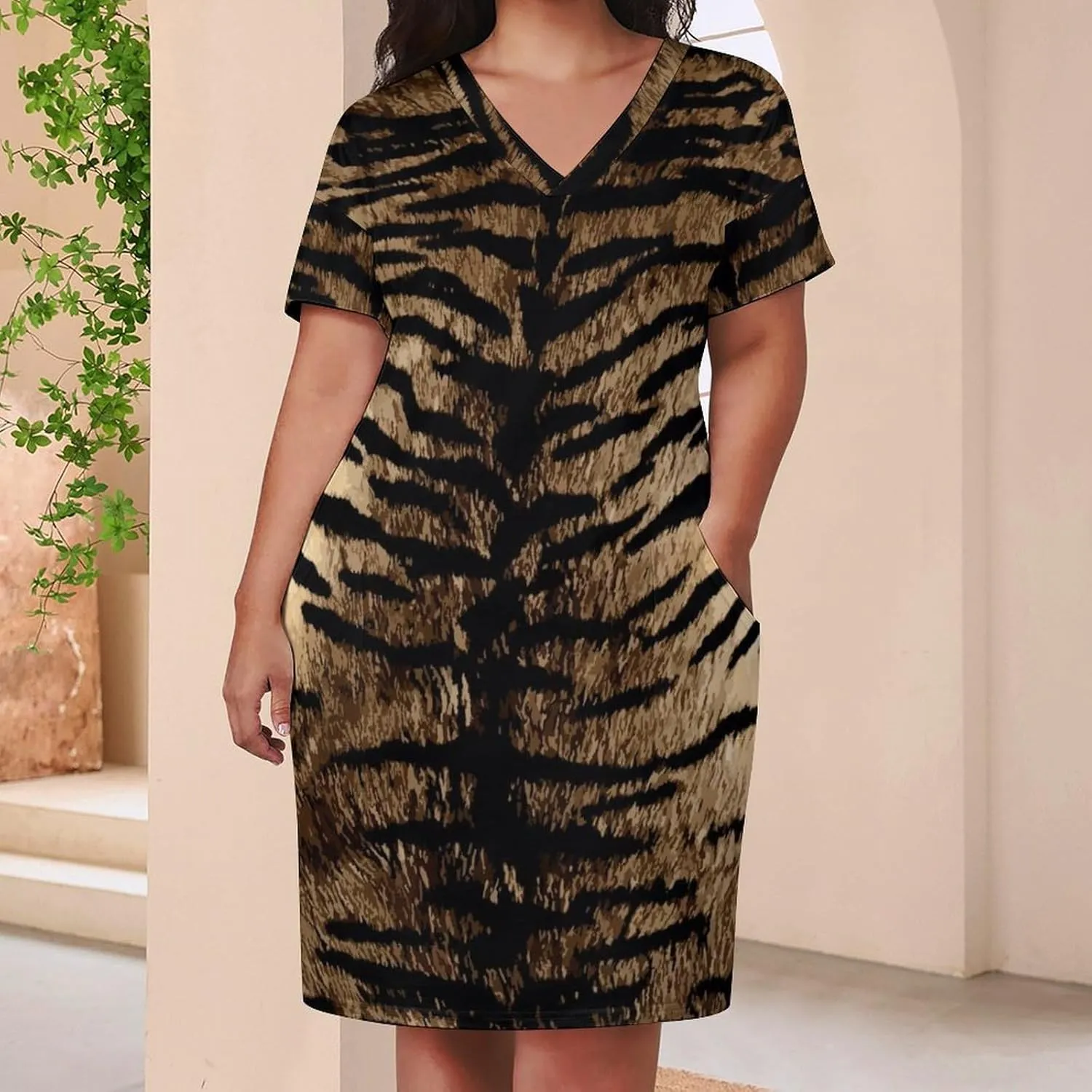 Casual Summer Comfy Dress for Women, Loose V Neck T Shirt Dress, Beach Short Sleeve Midi Dress with Pocket (S-5XL)