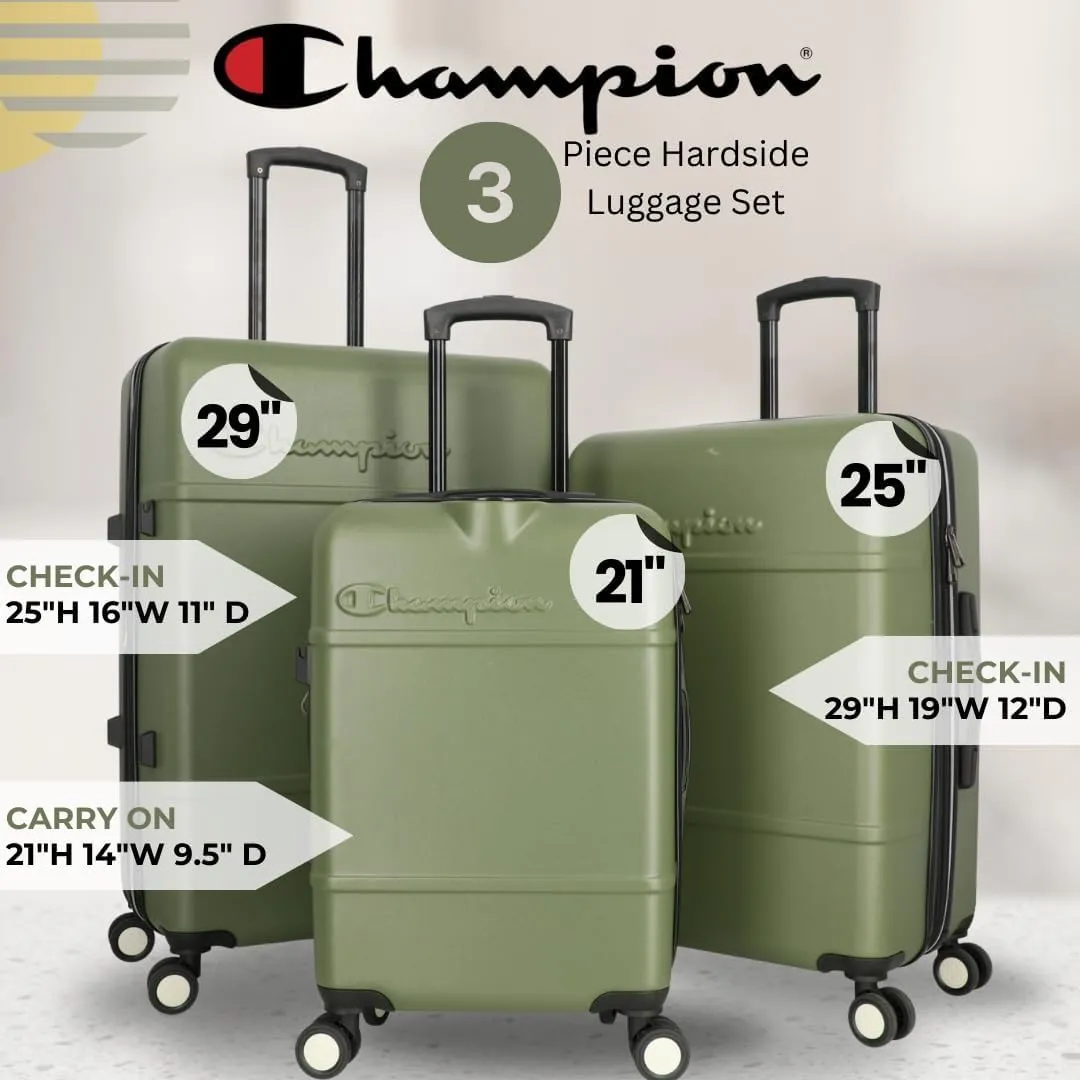 Champion 3-Piece Luggage Set - 21 25 29 Hardshell Suitcases with 8 Spinner Wheels - Expandable Carry-On & Checked Luggage - Durable ABS Material - Travel Bags - Airline Approved - Chive