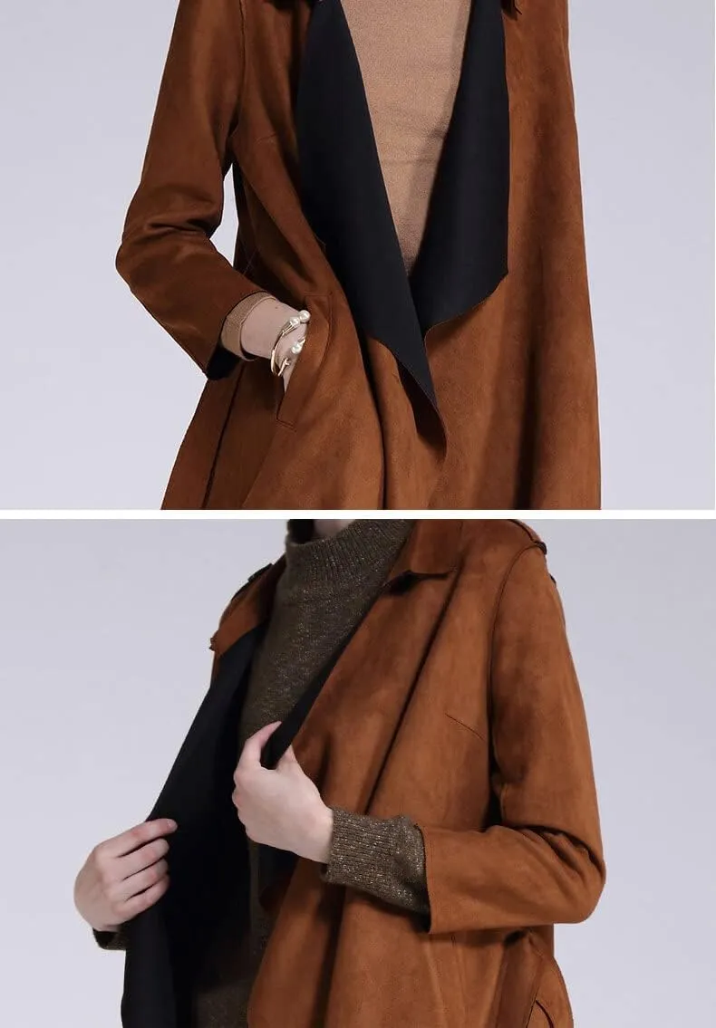 CHARTOU Women's Faux Suede Cascade Front 3/4 Sleeve Belted Wrap Trench Coat