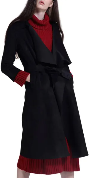 CHARTOU Women's Faux Suede Cascade Front 3/4 Sleeve Belted Wrap Trench Coat