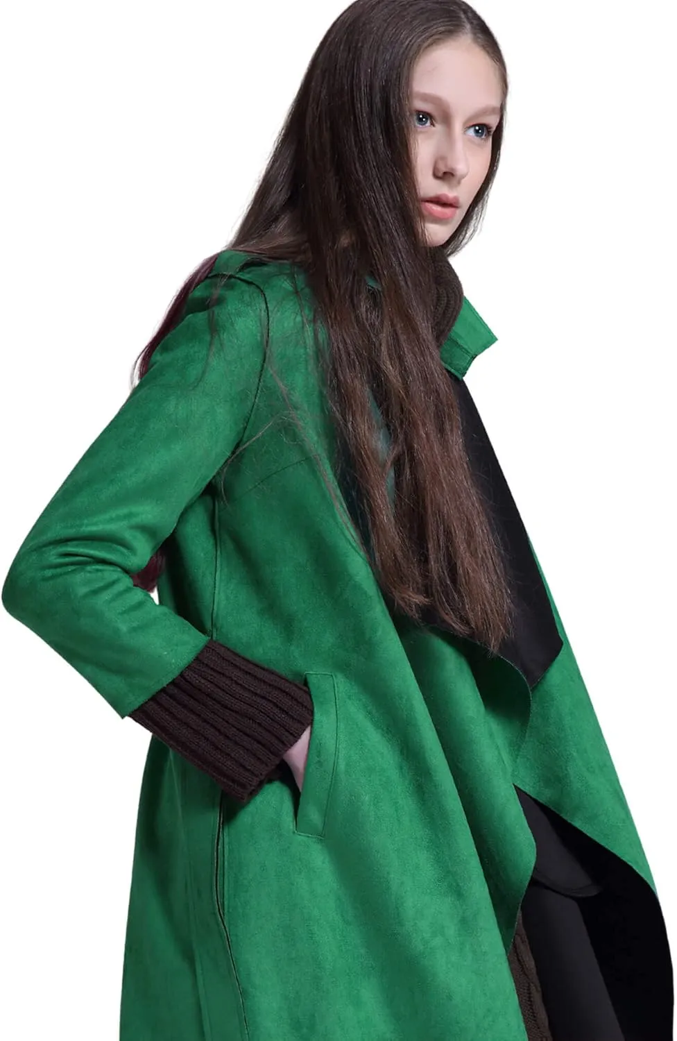CHARTOU Women's Faux Suede Cascade Front 3/4 Sleeve Belted Wrap Trench Coat