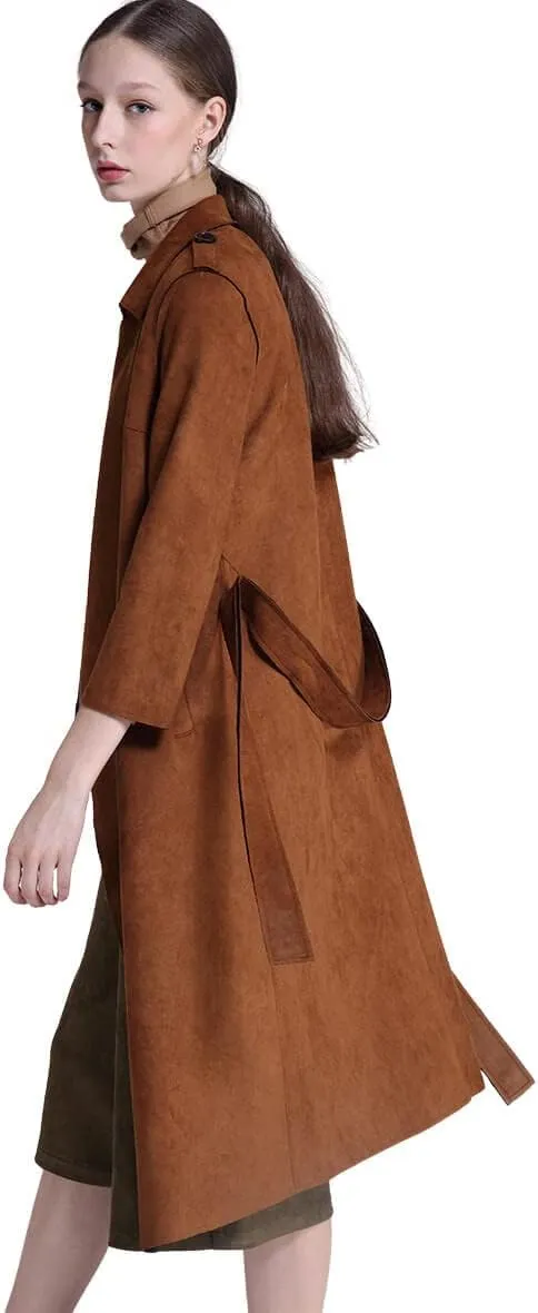 CHARTOU Women's Faux Suede Cascade Front 3/4 Sleeve Belted Wrap Trench Coat