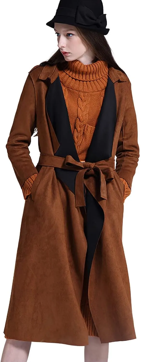 CHARTOU Women's Faux Suede Cascade Front 3/4 Sleeve Belted Wrap Trench Coat