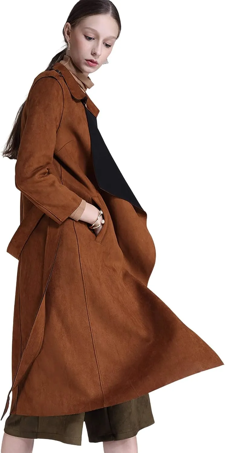 CHARTOU Women's Faux Suede Cascade Front 3/4 Sleeve Belted Wrap Trench Coat