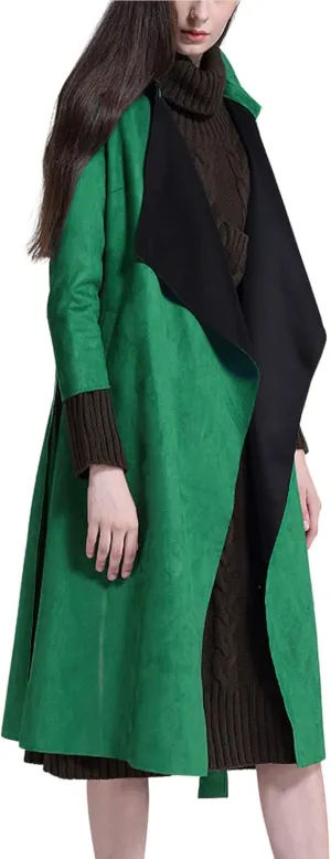 CHARTOU Women's Faux Suede Cascade Front 3/4 Sleeve Belted Wrap Trench Coat