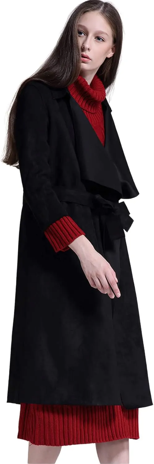 CHARTOU Women's Faux Suede Cascade Front 3/4 Sleeve Belted Wrap Trench Coat