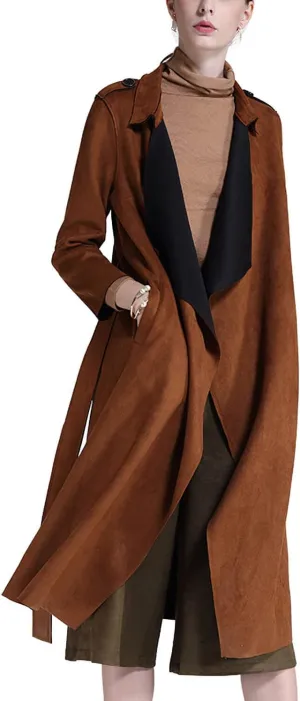 CHARTOU Women's Faux Suede Cascade Front 3/4 Sleeve Belted Wrap Trench Coat