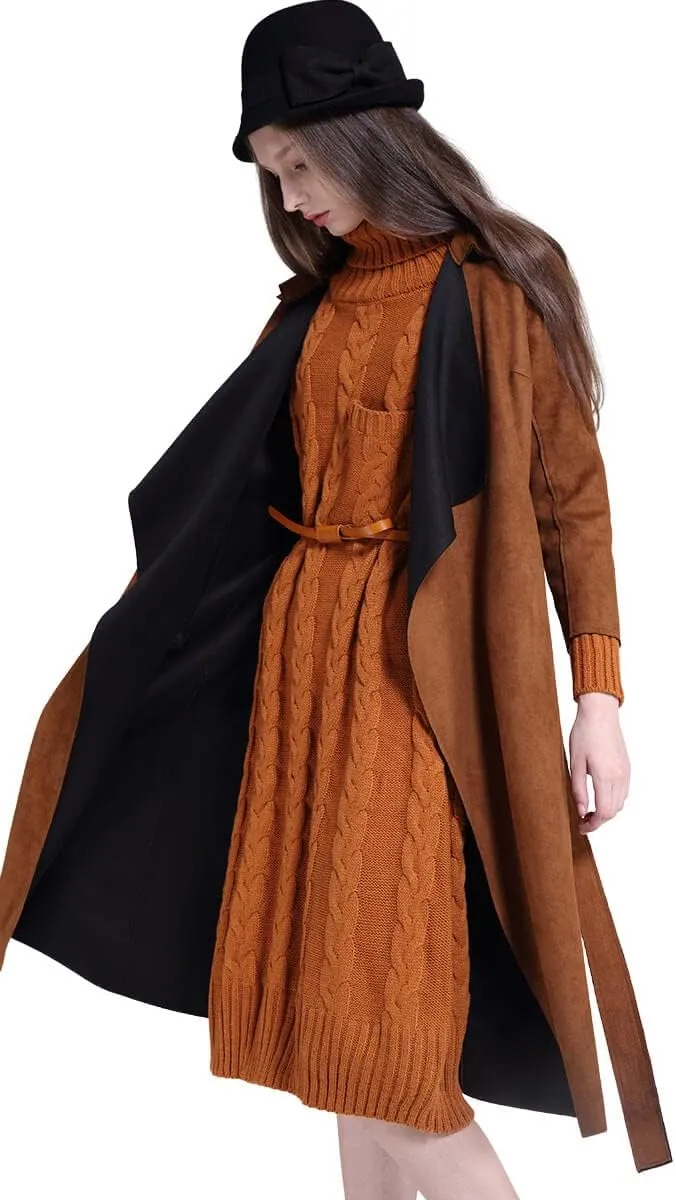CHARTOU Women's Faux Suede Cascade Front 3/4 Sleeve Belted Wrap Trench Coat