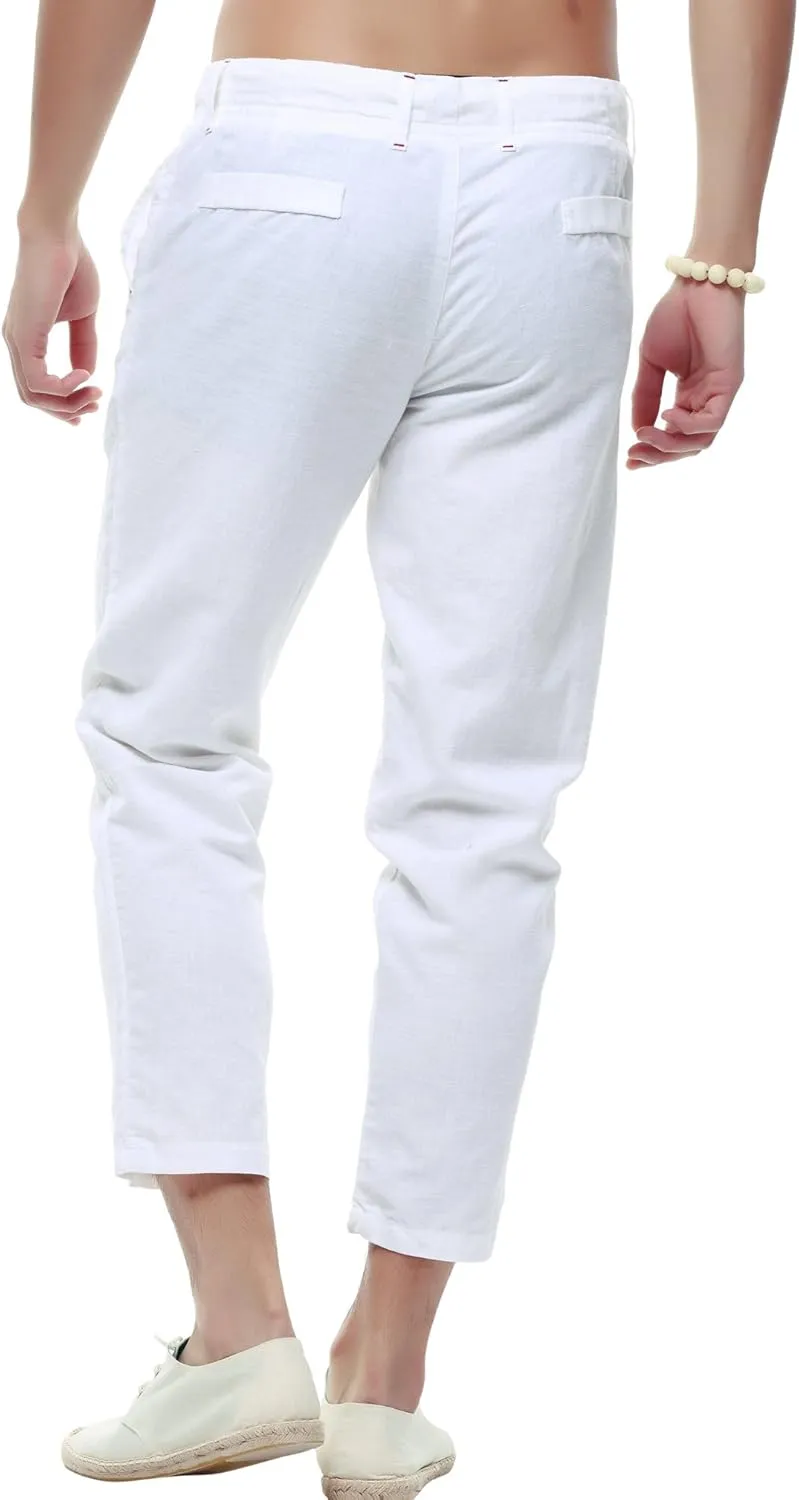 chouyatou Men's Casual Drawstring Straight Fit Beach Linen Capri Pants