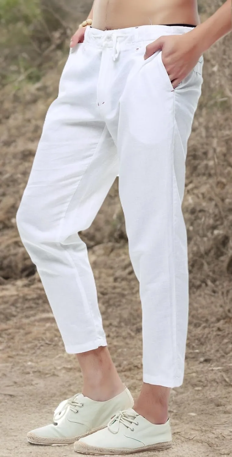 chouyatou Men's Casual Drawstring Straight Fit Beach Linen Capri Pants
