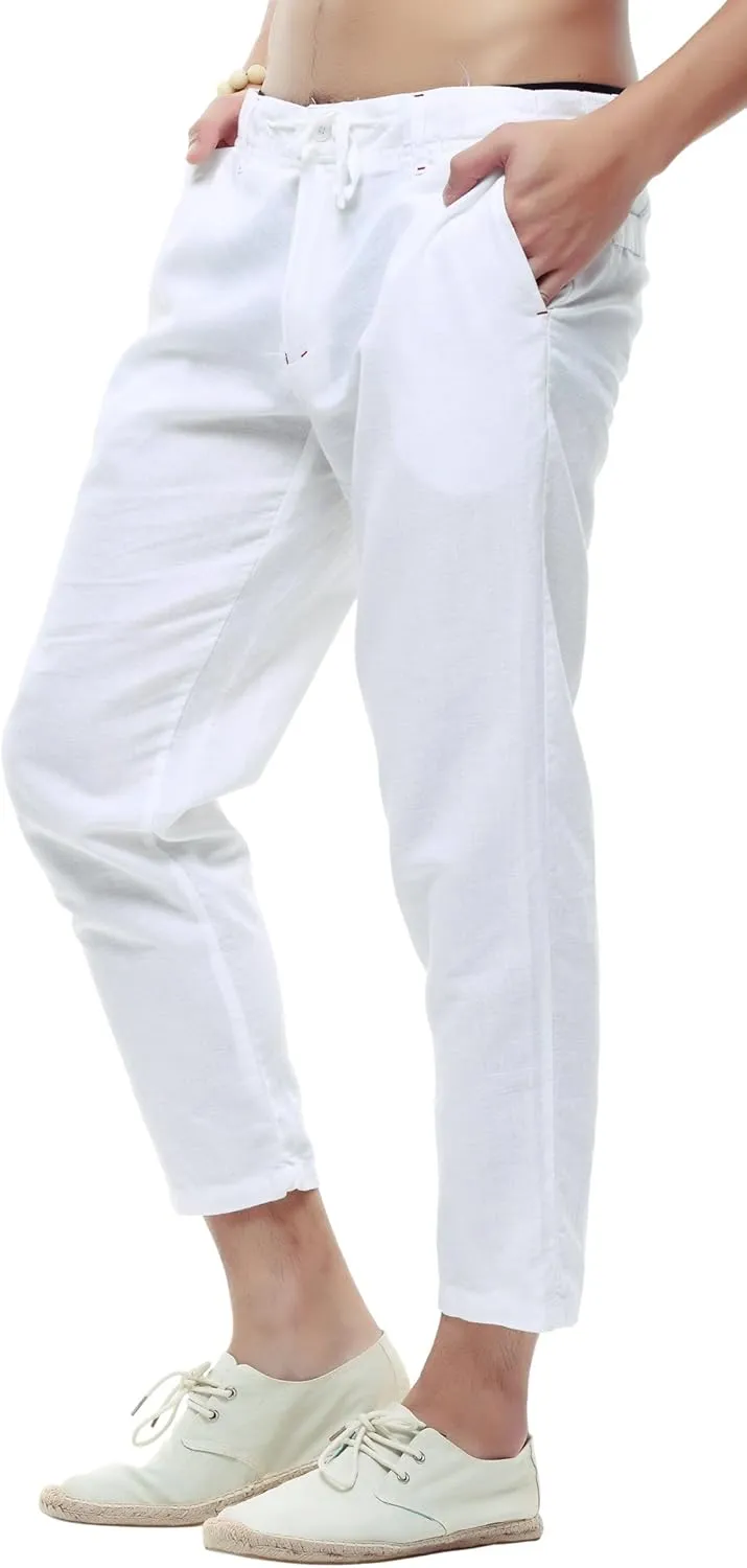 chouyatou Men's Casual Drawstring Straight Fit Beach Linen Capri Pants