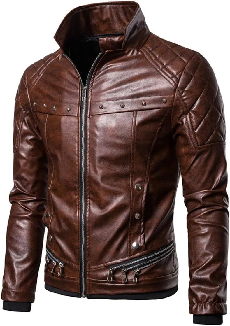 chouyatou Men's Removable Fur Collar Sherpa Lined Steampunk Faux Leather Jacket