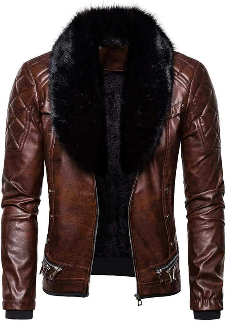 chouyatou Men's Removable Fur Collar Sherpa Lined Steampunk Faux Leather Jacket