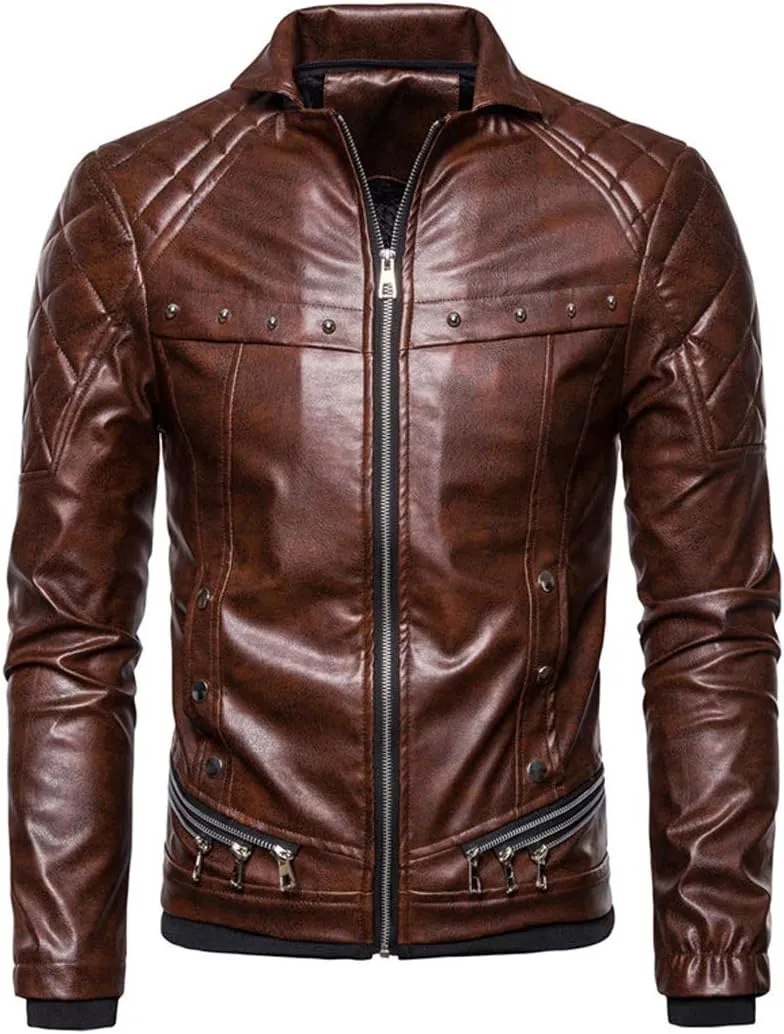 chouyatou Men's Removable Fur Collar Sherpa Lined Steampunk Faux Leather Jacket