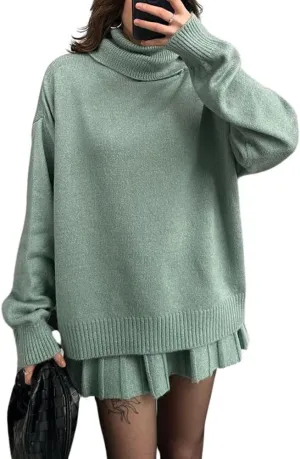 chouyatou Women's 2 Piece Sweater Skirt Sets Turtleneck Pullover Tops Mini Pleated Skirt Two Piece Knitted Outfits