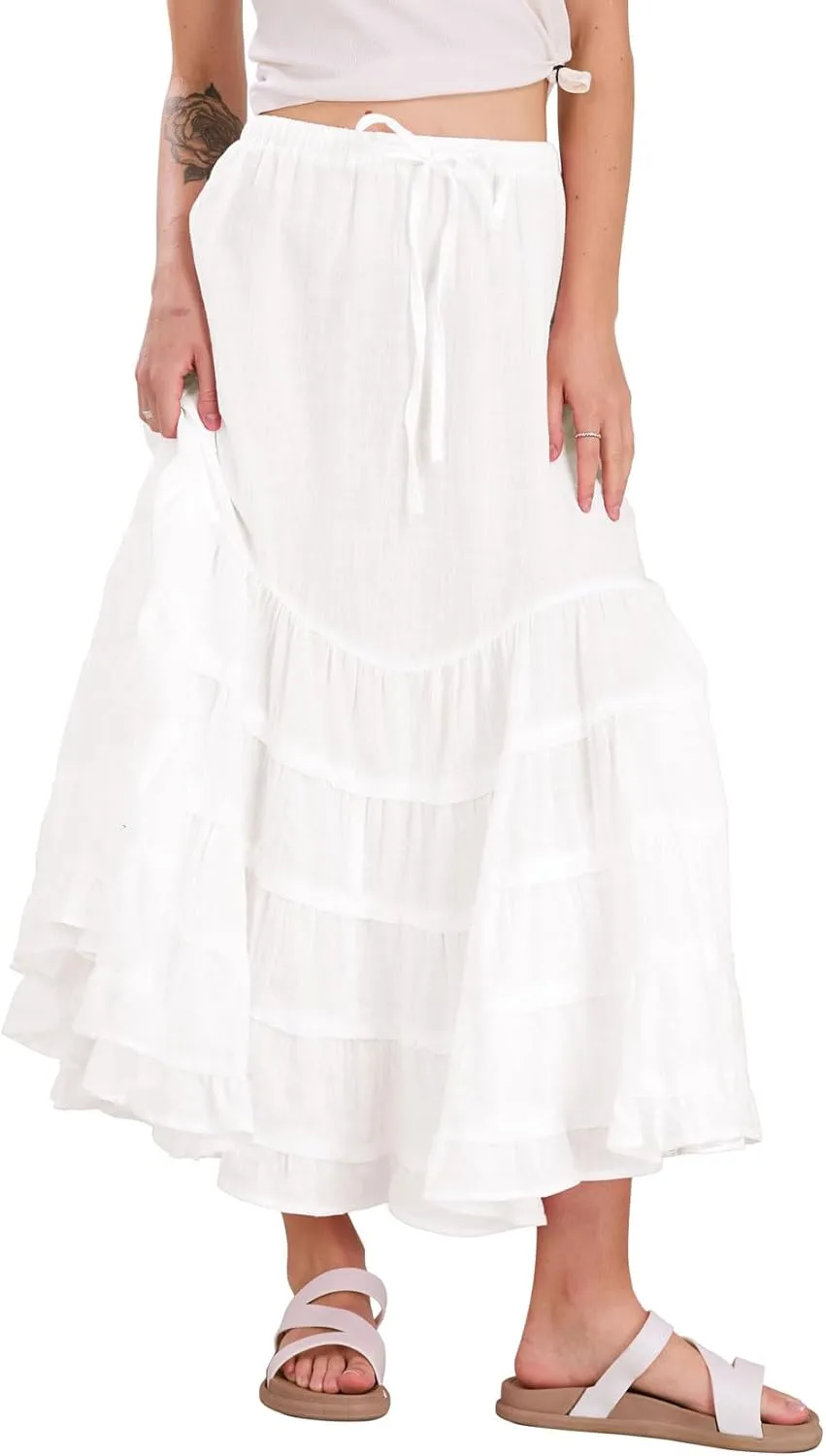 chouyatou Women's Boho Ruffle Swing Mermaid Maxi Skirt High Elastic Waist Tiered Beach Party Long Skirt