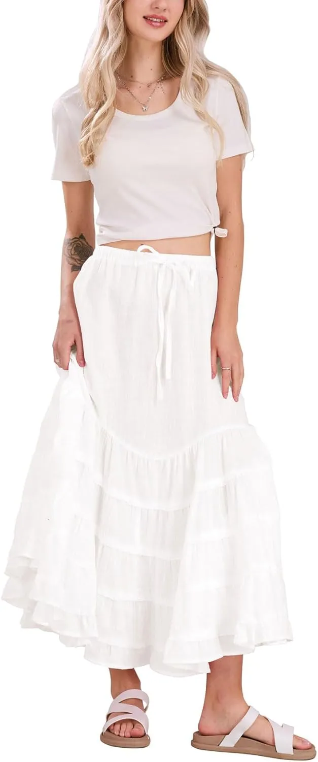 chouyatou Women's Boho Ruffle Swing Mermaid Maxi Skirt High Elastic Waist Tiered Beach Party Long Skirt