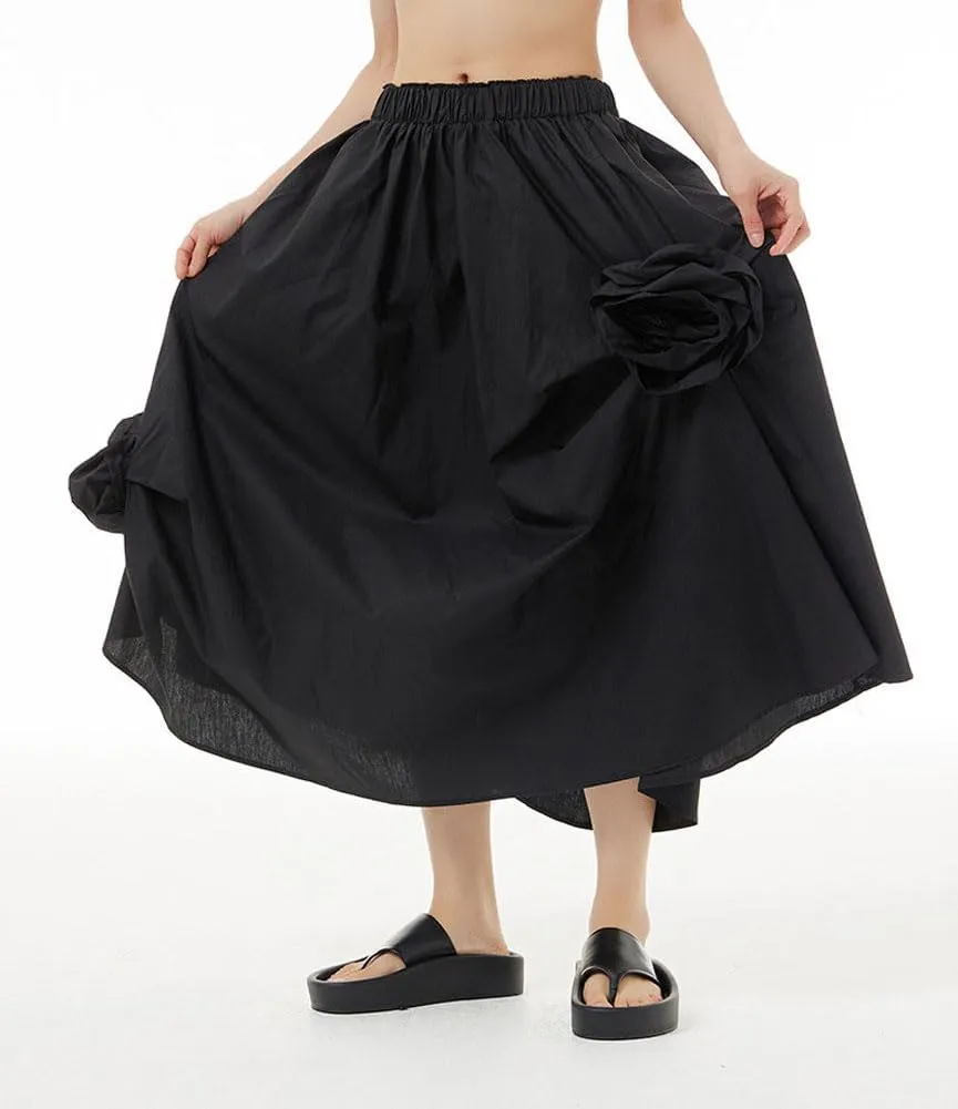 chouyatou Women's Cute 3D Floral Applique Baggy Skirt Elastic Waist Irregular Swing Midi Long Skirt with Pockets