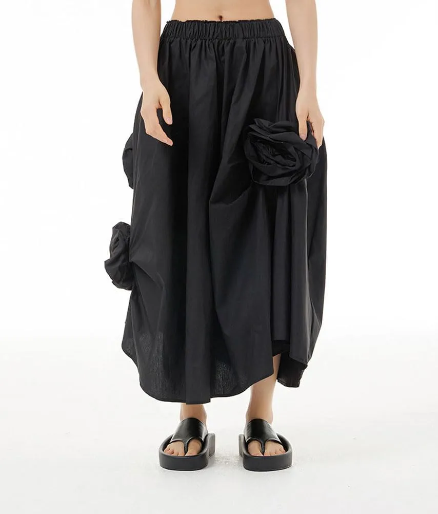 chouyatou Women's Cute 3D Floral Applique Baggy Skirt Elastic Waist Irregular Swing Midi Long Skirt with Pockets
