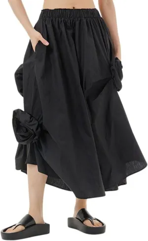 chouyatou Women's Cute 3D Floral Applique Baggy Skirt Elastic Waist Irregular Swing Midi Long Skirt with Pockets