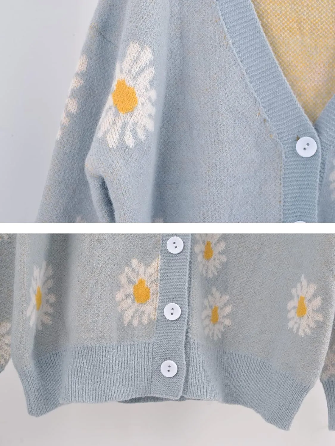 chouyatou Women's Cute Daisy Printed Cardigan Button Down Jacquard Knit Sweater Tops