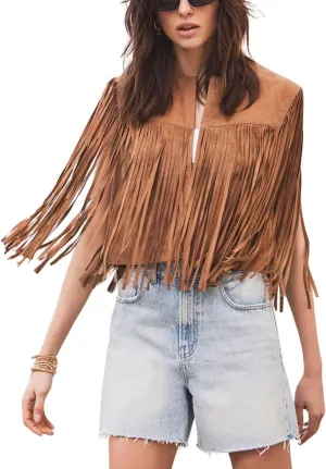 chouyatou Women's Fashion Fringe Tassels Faux Suede Leather Sleeveless Cropped Vest Jacket Tops
