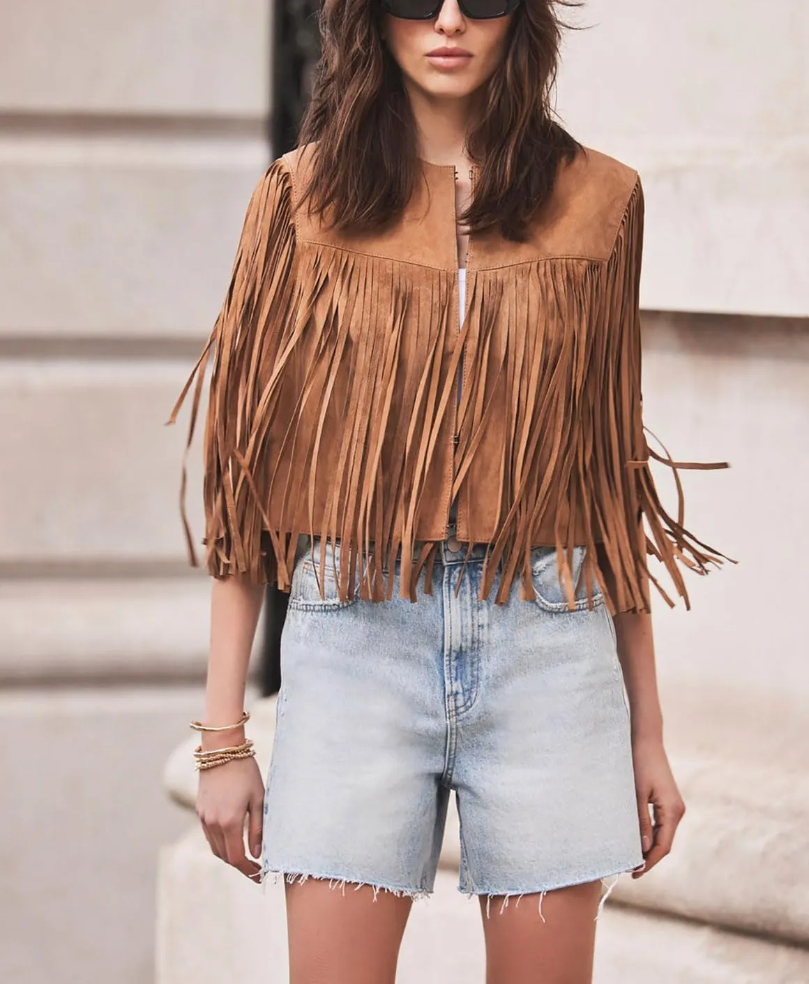 chouyatou Women's Fashion Fringe Tassels Faux Suede Leather Sleeveless Cropped Vest Jacket Tops