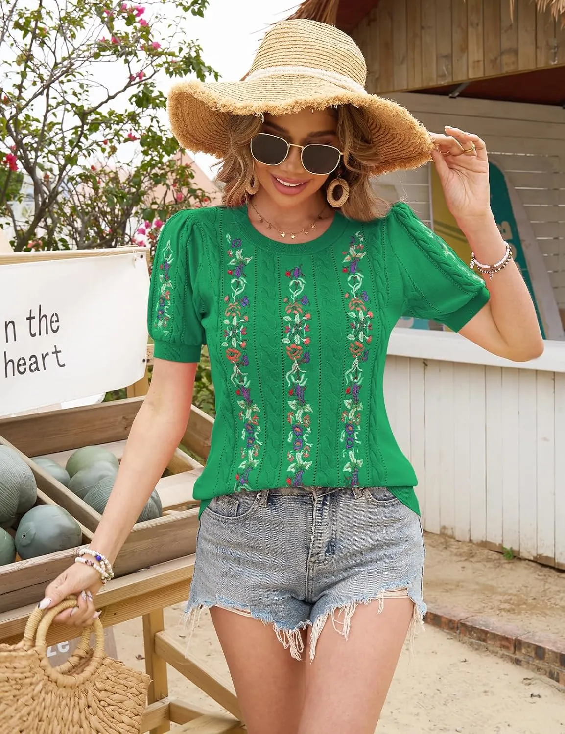 CiCiBird Womens Short Sleeve Sweater Cute Embroidered Pullover Casual Cable Knit Summer Tops