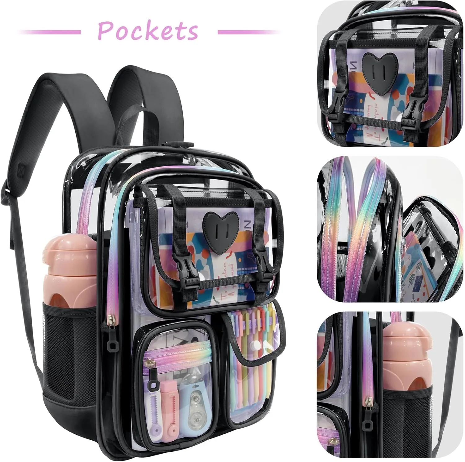 Clear Backpack - Heavy Duty Transparent Bookbag with Mesh Pockets for School, Gym, Travel(Black)