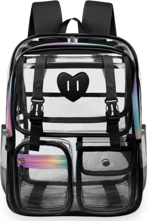 Clear Backpack - Heavy Duty Transparent Bookbag with Mesh Pockets for School, Gym, Travel(Black)