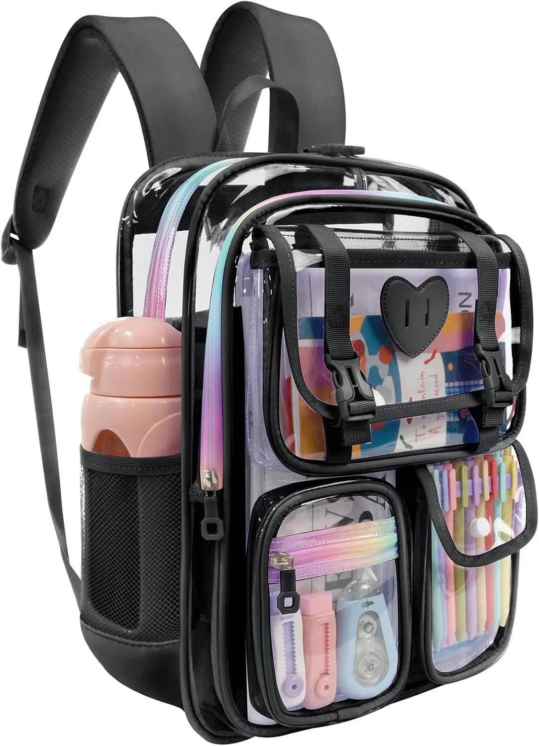 Clear Backpack - Heavy Duty Transparent Bookbag with Mesh Pockets for School, Gym, Travel(Black)