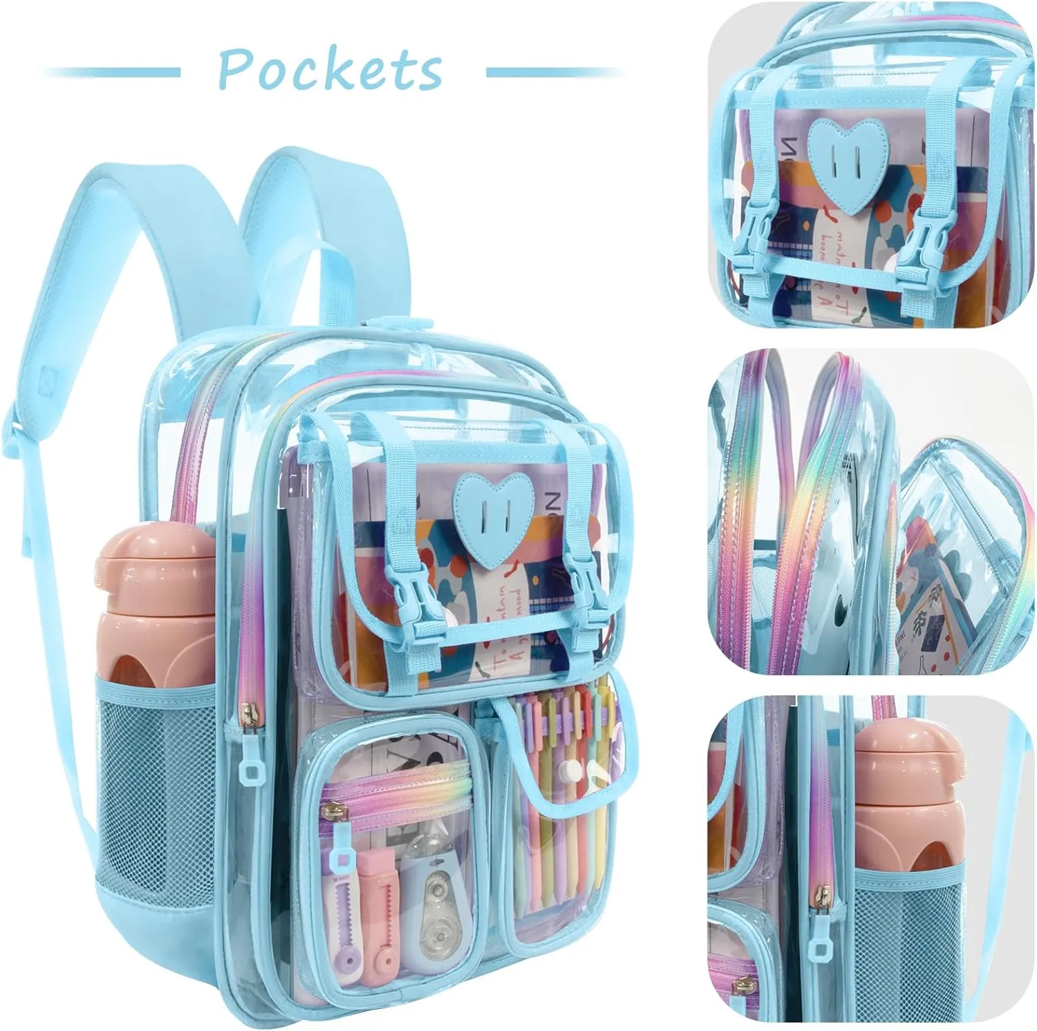 Clear Backpack - Heavy Duty Transparent Bookbag with Mesh Pockets for School, Gym, Travel(Blue)