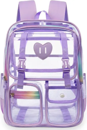 Clear Backpack - Heavy Duty Transparent Bookbag with Mesh Pockets for School, Gym, Travel(Purple)