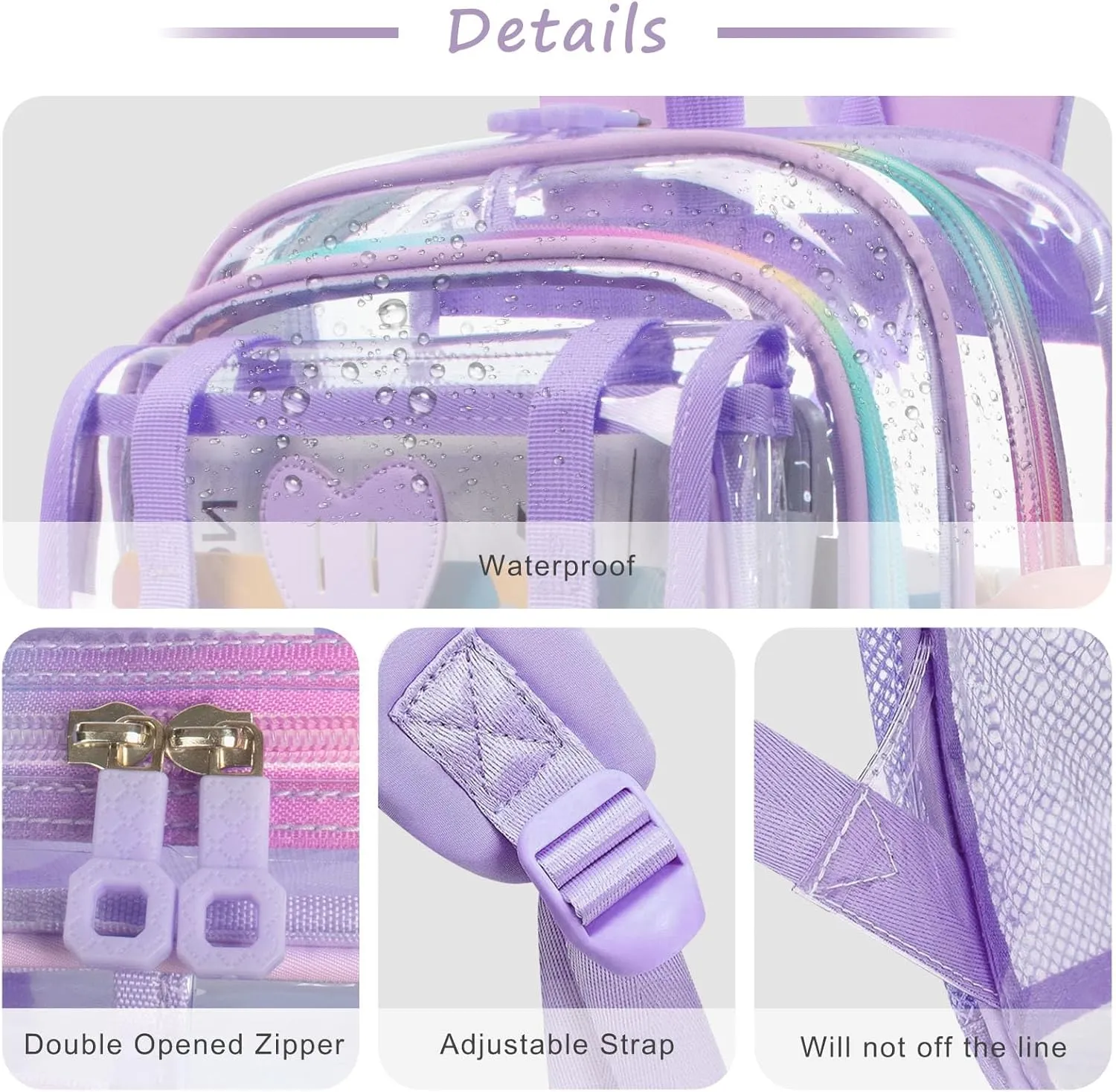 Clear Backpack - Heavy Duty Transparent Bookbag with Mesh Pockets for School, Gym, Travel(Purple)