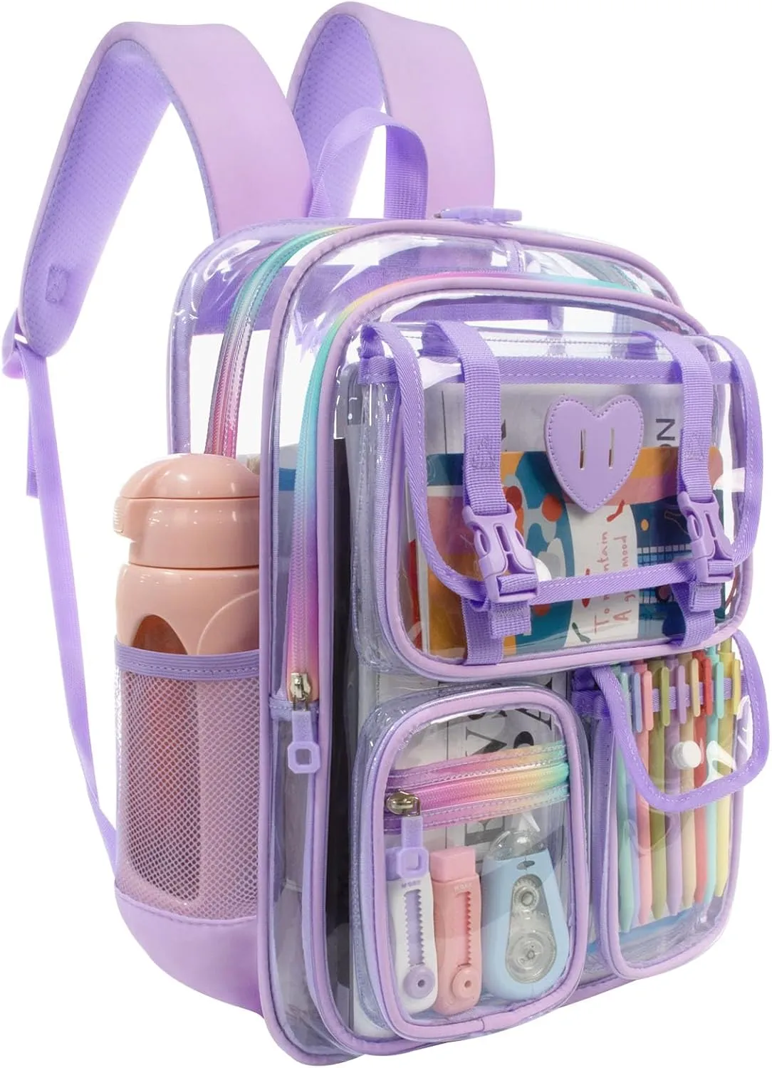 Clear Backpack - Heavy Duty Transparent Bookbag with Mesh Pockets for School, Gym, Travel(Purple)