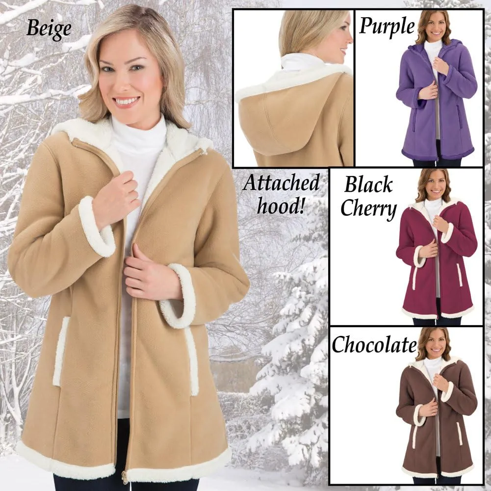 Collections Etc Women's Polar Fleece Sherpa Lined Zip Up Coat BEIGE LARGE