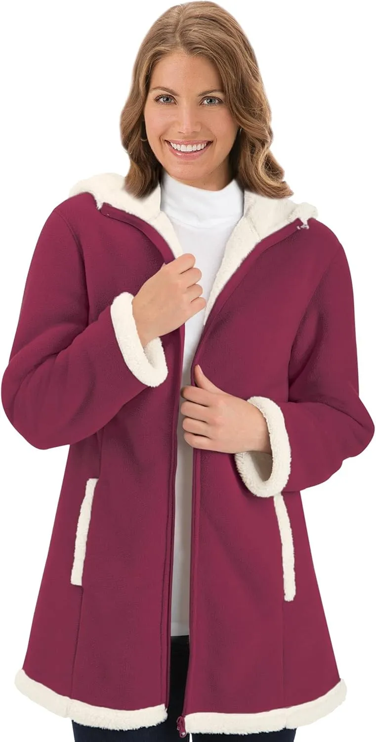 Collections Etc Women's Polar Fleece Sherpa Lined Zip Up Coat BEIGE LARGE