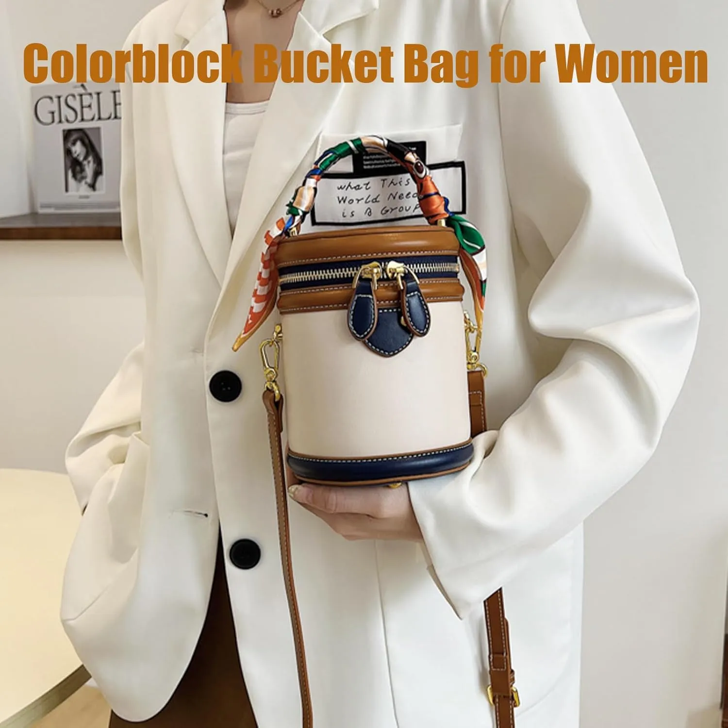 Colorblock Bucket Bag for Women, 2025 New Summer Fashion Colorblock Cylinder Bag, Fashionable Crossbody Bag