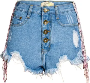 COMLIFE Summer Women's Jean Shorts Tassels Wide Leg Rhinestone Fringe Sexy Denim Short Jeans