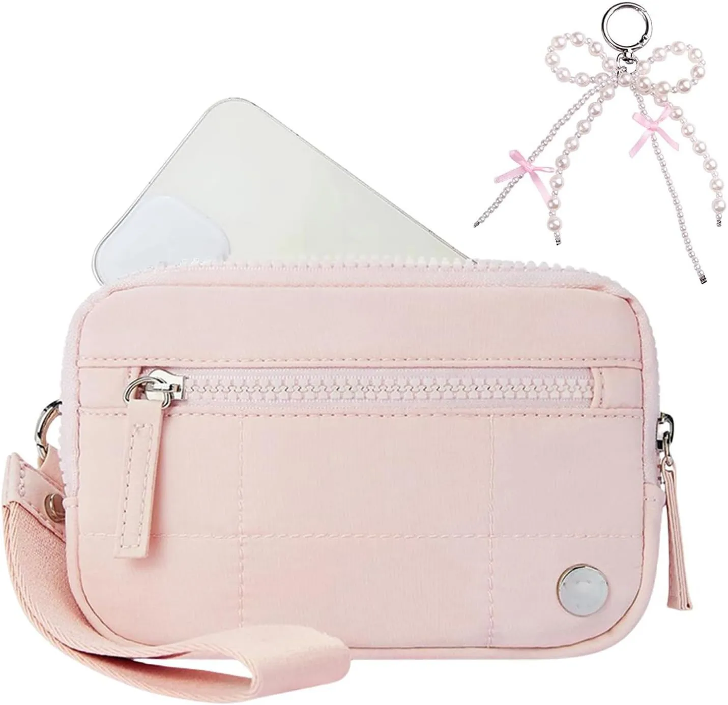 Convely Essential Wristlet, Convely Wristlet, Wristlet Wallets for Women, with 3 Zipper Purse and Pearl Bow Keychain