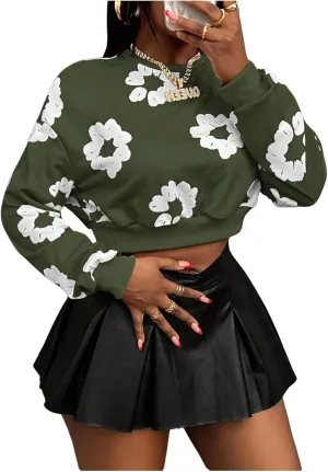 COZYEASE Women's Graphic Print Sweatshirt Pullover Floral Crew Neck Long Sleeve Crop Tops